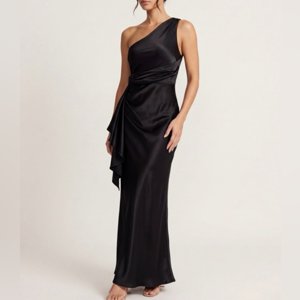 MESHKI Calliope One Shoulder Satin Maxi Dress Black XS